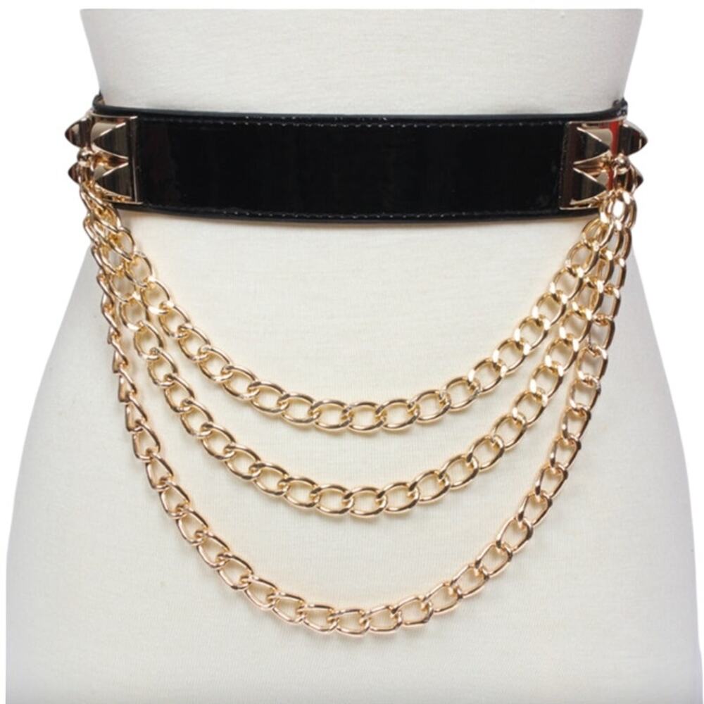 2/$30 Black Chain Mesh Belt Vegan Leather Gold Studs 26" Stretch Metal NEW